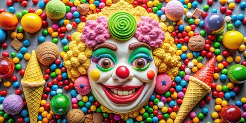 Fototapeta premium A playful clown face surrounded by a colorful array of candy and treats, inviting a whimsical escape into a world of sugar-coated joy.
