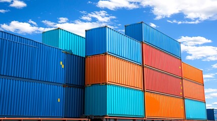 Stacked Shipping Containers Against Blue Sky.
