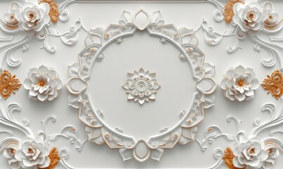 Stretch ceiling decoration model. mandala and decorative frame copy space