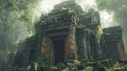 Naklejka premium Ancient temple ruins enveloped by lush green jungle.