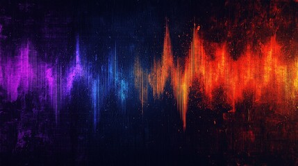 A gradient of sound waves in orange, blue, and purple hues on a deep black background, evoking an 80s aesthetic with a grainy, lo-fi, and nostalgic feel.