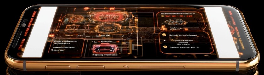 Obraz premium A smartphone displaying a futuristic user interface with gaming and data analytics features.