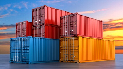 Stack of Cargo Containers at Sunset.