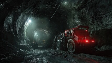 Dangerous underground work as miners operate extraction machinery in dark tunnels, emphasizing their skill and caution.