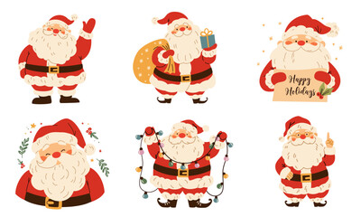 A set of flat vector Christmas illustrations. Cute Santa Clauses in different poses. Vector illustration