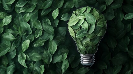 Eco-friendly concept with a lightbulb made of green leaves, symbolizing sustainable energy and nature conservation.