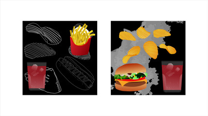 two images, illustration of french fries and soda drink with white and black scribble background, illustration of potato chips, hamburger and soda drink