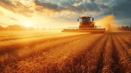 Fototapeta premium Autonomous Harvesters on Golden Fields at Sunset