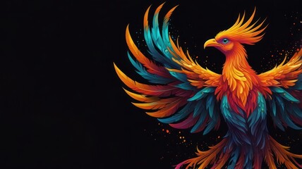 Obraz premium A vibrant phoenix with outstretched wings against a black background.