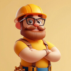 The image shows a cartoon character representing a construction worker or construction engineer, wearing a hard hat and work clothes.