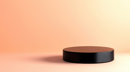 glossy black pedestal with subtle shadow on light peach background creates modern and elegant display. This minimalist design is perfect for showcasing products or art