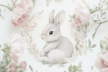 A lovely illustration of a soft pastel bunny encircled by an elegant arrangement of pink flowers. The soft tones and intricate details create a soothing visual, making it an ideal choice for unique