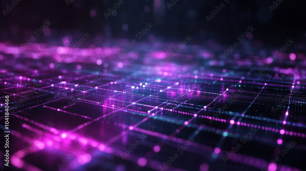 Poster glowing digital grid in purple and cyan colors creates mesmerizing visual effect on dark background,