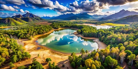 Drone View of Waterless Lake Transitioning to Lush Jungle and Distant Mountains in Landscape Photography