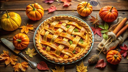 A Rustic Autumnal Table Setting Featuring a Golden Pumpkin Pie Surrounded by Pumpkins and Fall Leaves