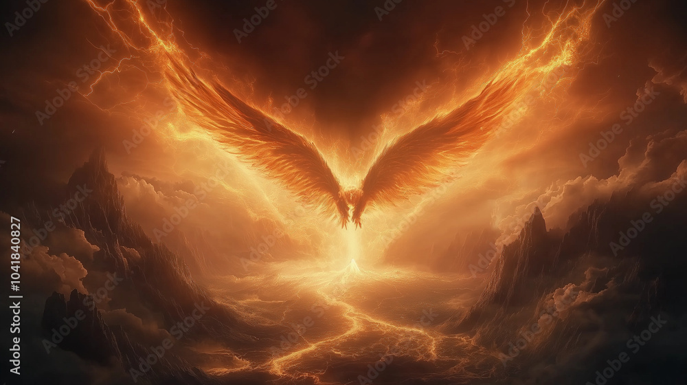 Aufkleber a phoenix with its wings open toward the camera. there is an active volcano in the background. lava 