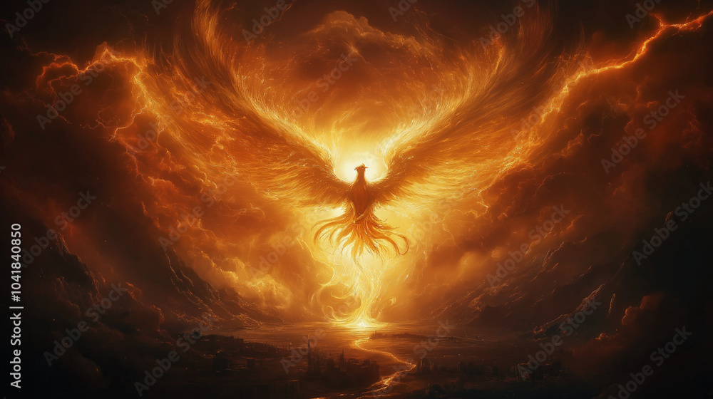 Poster a phoenix with its wings open toward the camera. there is an active volcano in the background. lava 