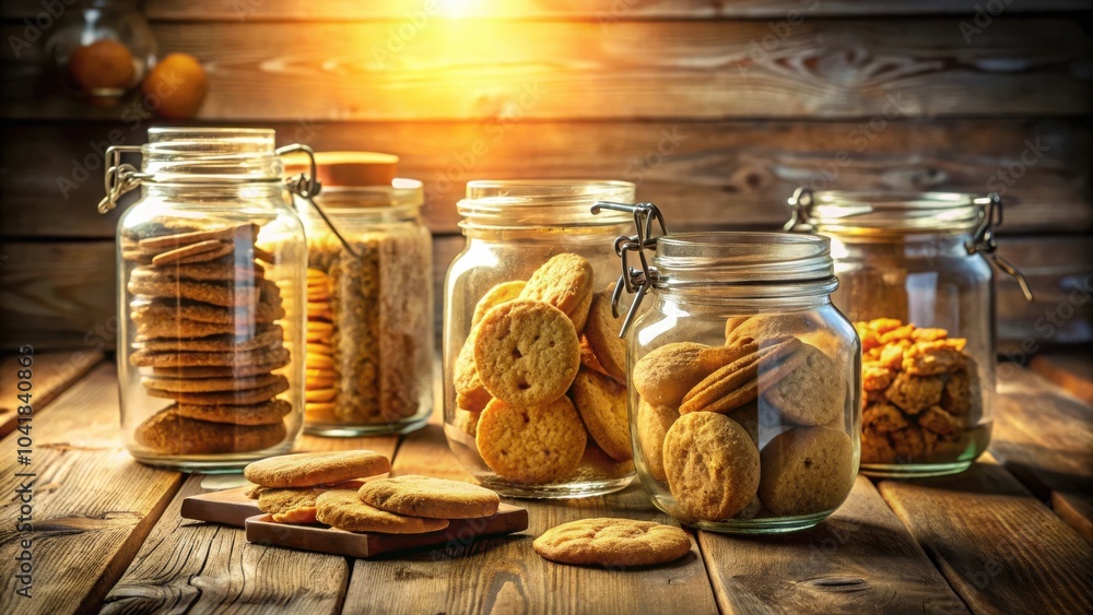 Aufkleber glass jars filled with various cookies on a rustic wooden table with warm, natural light shining in 