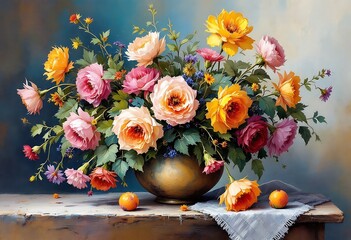 Fototapeta premium A Vibrant Floral Still Life Painting in a Decorative Vase