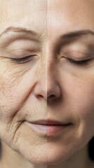 Split image of aging process on woman's face symmetrically