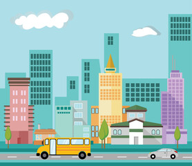 urban with tall buildings. blue background and equipped with cars and school buses