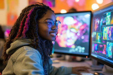 Obraz premium A Black high school student joyfully creating vibrant digital art using AI-powered computers. The futuristic workspace is filled with colorful displays, as they immerse themselves in a creative