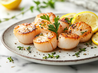 gourmet seafood dish featuring perfectly seared scallops garnished with fresh herbs and lemon slices, creating delightful and appetizing presentation
