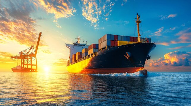 Cargo Ship at Sunset.