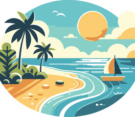 A flat vector illustration representing beach  summer , Flat Vector Style, Simple Design, White Background. Adobe Illustrator Artwork Adobe Illustrator Artwork