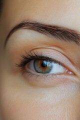 A middle-aged Brazilian woman eye with a pencil-groomed eyebrow, elegantly shaped with clean, defined strokes. The arch enhances her modern and stylish appearance.