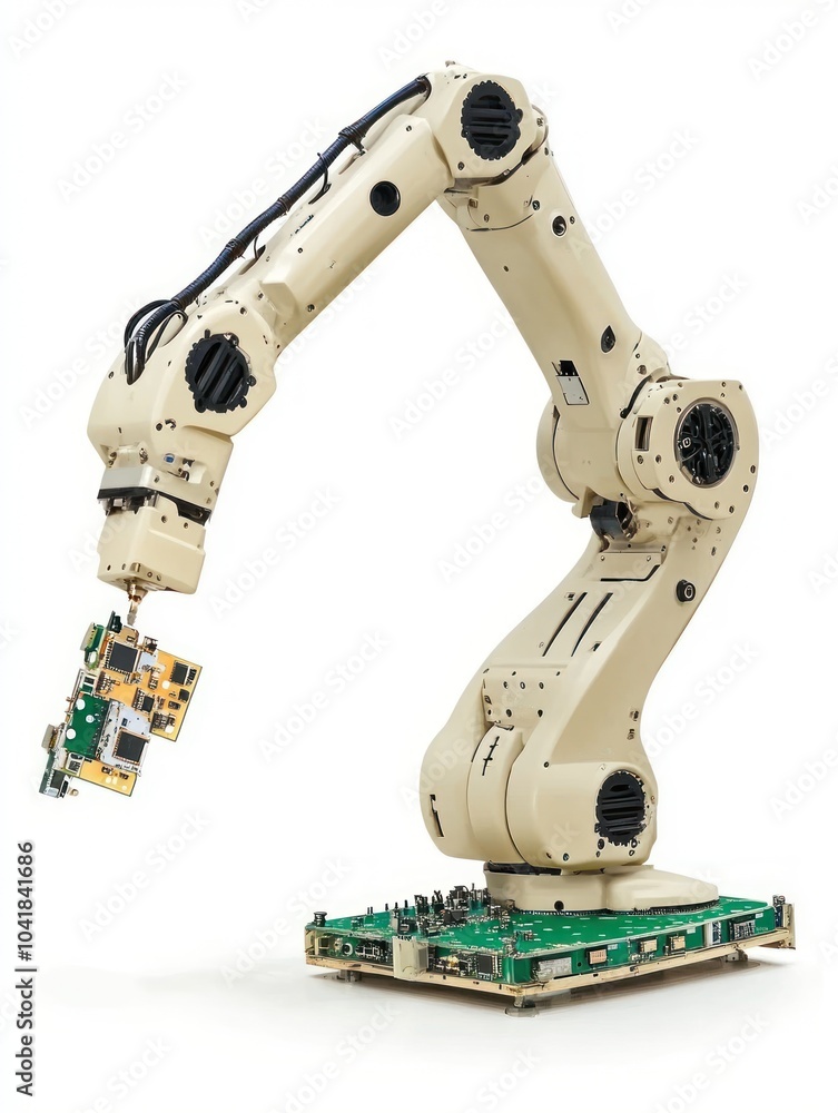 Aufkleber a robotic arm manipulating a circuit board, showcasing automation in technology.