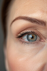 Obraz premium A middle-aged Caucasian woman eye in focus, her eyebrow precisely groomed with a pencil, creating a sharp yet elegant arch. The soft lighting highlights her modern, professional style.