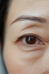 A middle-aged Japanese woman eye with a well-defined eyebrow, meticulously shaped with a pencil to create a clean, modern look. The sleek arch emphasizes her stylish, polished appearance.