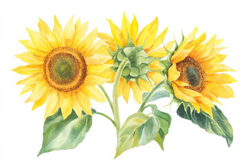 Obraz premium A summer-inspired watercolor collection of sunflowers, with rich yellow hues and fresh green leaves, hand-painted with realistic details. The flowers are isolated on a white background, perfect for