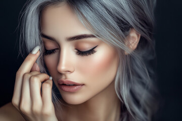 Fototapeta premium A Brazilian woman with silver-grey hair and a youthful complexion applies anti-aging serum with elegance. Her smooth skin and timeless beauty convey a sense of vitality and grace.