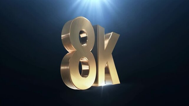 A large 8K logo is shown on a blue background. The logo is made up of gold letters