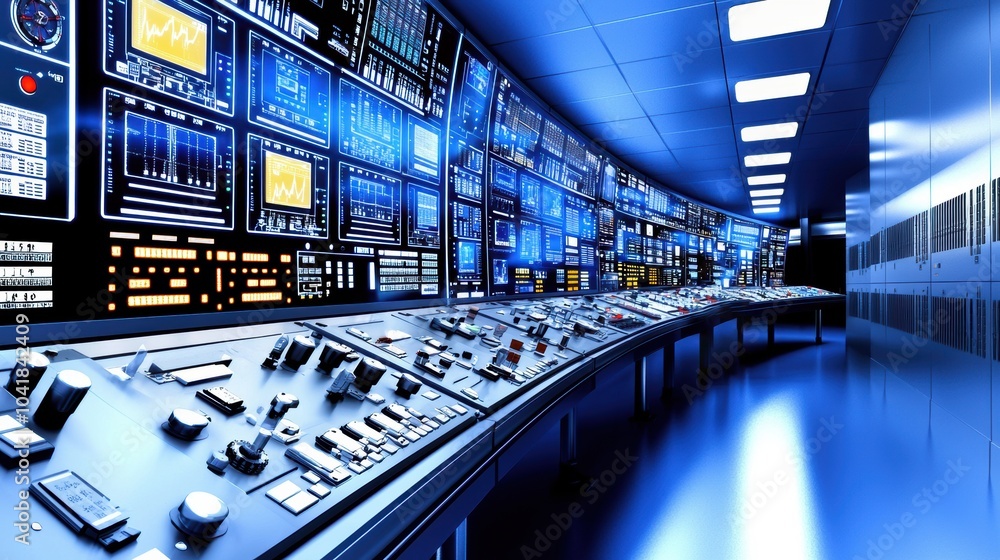 Poster futuristic control room with vast dashboard and monitoring displays