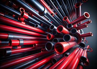 Dynamic Red and Black Plastic Pipes in Motion - Architectural Photography for Stunning 3D Visuals