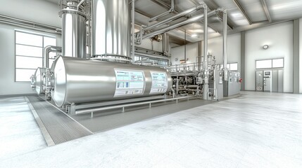 Modern Industrial Factory Interior With Stainless Steel Pipes and Tubing Equipment