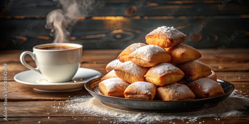 Poster a stack of golden, powdered doughnuts on a dark plate next to a steaming cup of coffee on a wooden t