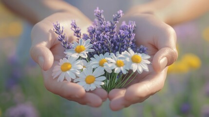 Hands holding a bouquet of daisies and lavender in a field.