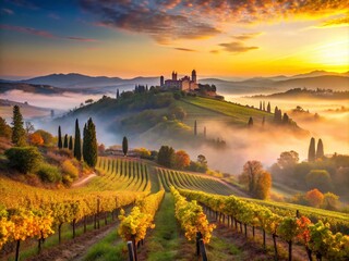 Naklejka premium Early Morning Smog in San Gimignano: Tuscany's Vineyards at Sunrise