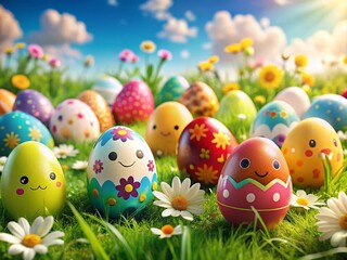 Easter Background with Colorful Painted Cartoon Eggs for Festive Spring Celebrations