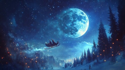 Santa Claus in a sleigh with reindeer flies over the earth in the night starry sky with an amazing big moon with snow. Magic and Happy New Year 2025, concept. with generative ai