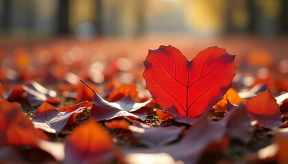 Heart-shaped red leaf on a ground covered with autumn foliage