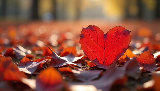 Heart-shaped red leaf on a ground covered with autumn foliage
