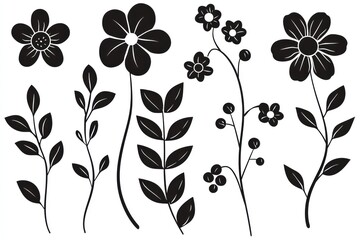 A set of simple clip art doodles in black ink on a white background depicting spring flowers and vines. The pieces have a flat design and are svg cut files with a minimalist style using simple shapes