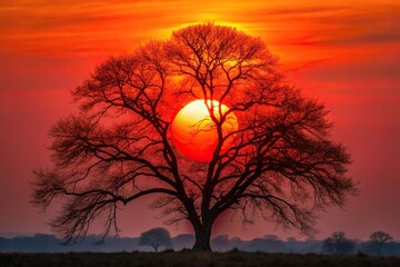 Obraz premium Red sun setting behind tree branches