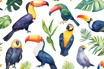 A vivid watercolor collection of tropical jungle birds, featuring toucans, hornbills, and cockatoos, each painted in brilliant hues. Isolated on a white background for versatile use in wild-themed