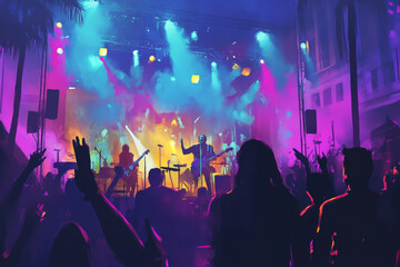 A vibrant music concert scene featuring a diverse group of musicians passionately performing on stage. The bright lights and energetic crowd create an electrifying atmosphere, celebrating the joy of